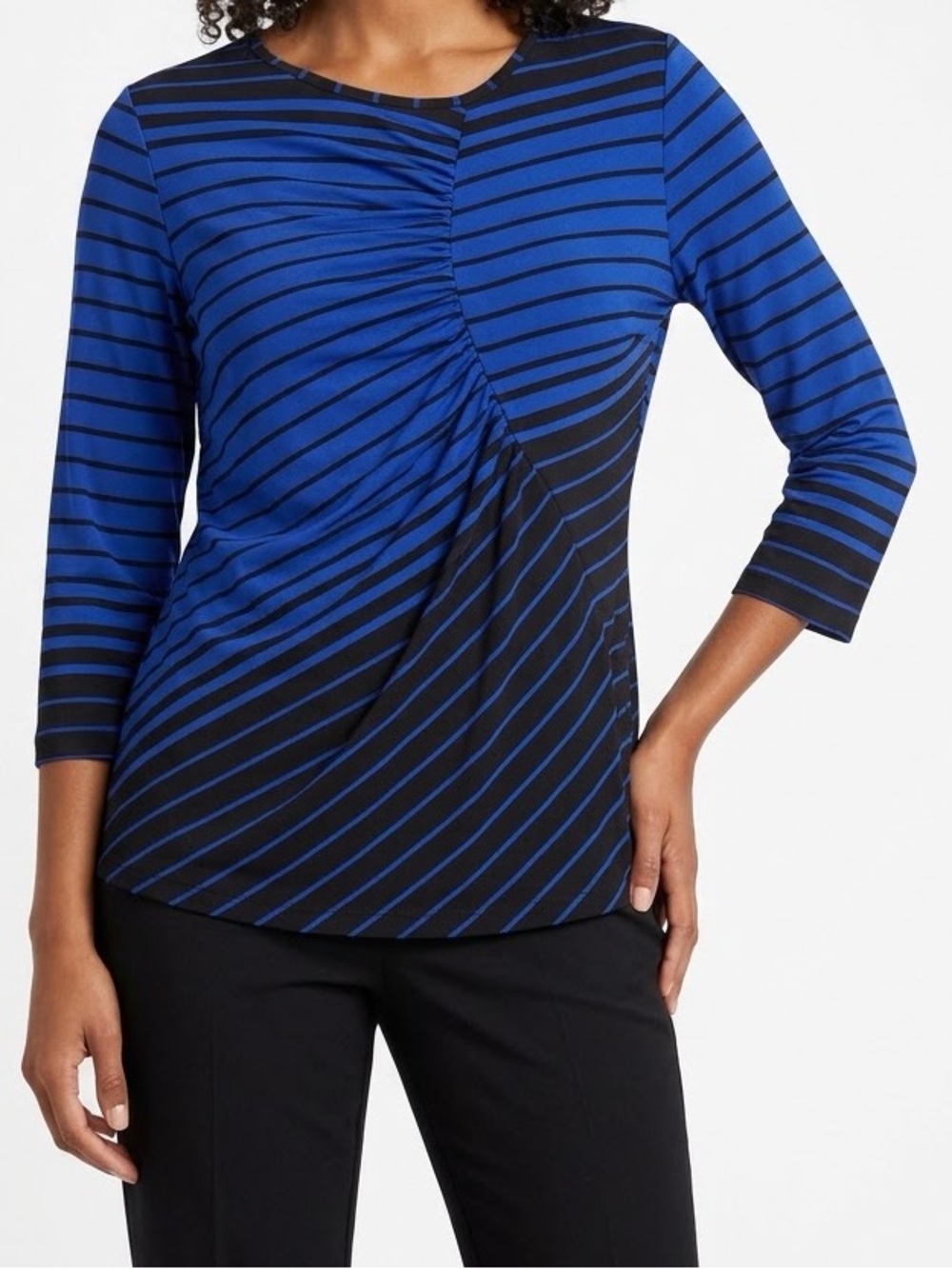INVESTMENTS Blue & Black Striped Pleated Front Long Sleeve Top — #LHP